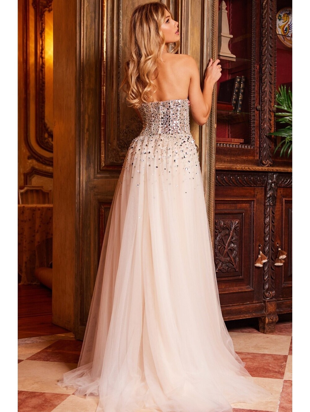 JOVANI Strapless Embellished Crystal Champagne Evening Formal Gown Prom Dress 4